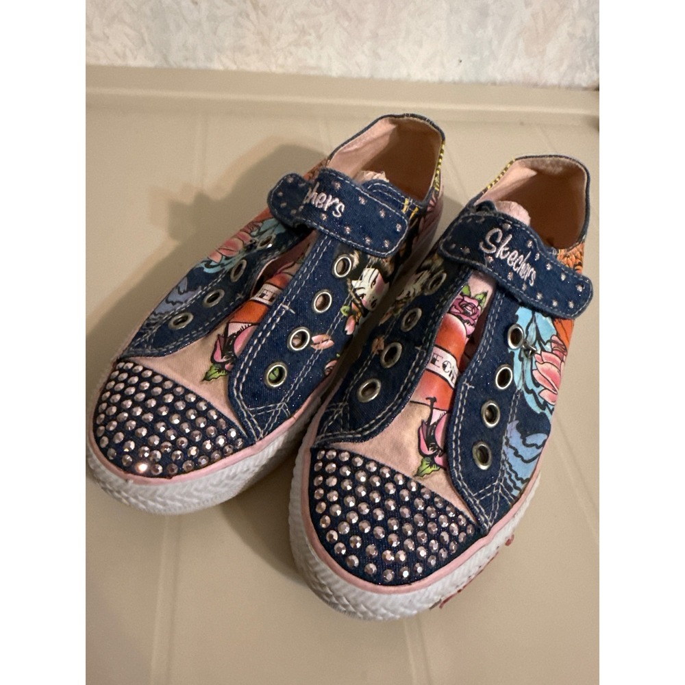 Skechers Twinkle Toes Tattoo Print Rhinestone Denim Sneakers 83208L Girls 3.5